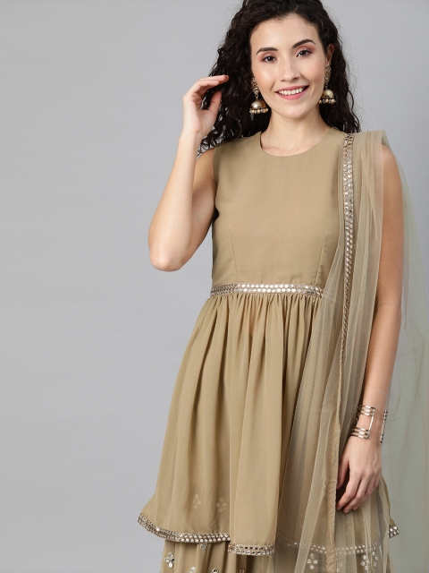 

Inddus Women Beige Solid Mirror Work Kurta with Sharara & Dupatta