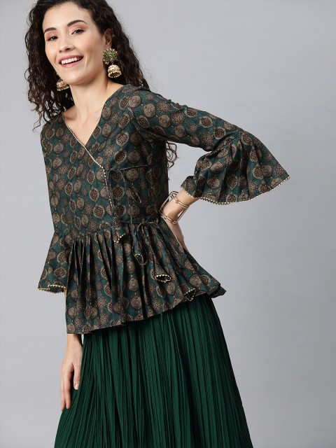 

Inddus Women Green & Beige Printed Angrakha Top with Skirt
