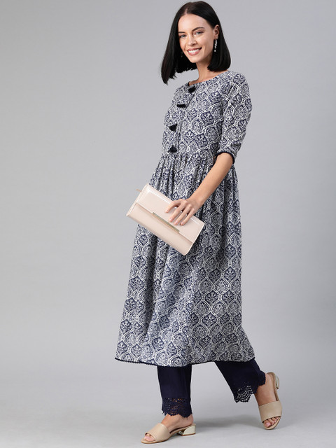 

Inddus Women Navy Blue & White Printed Kurta with Trousers