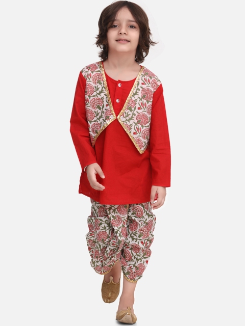 

BownBee Boys Red & Off-White Solid Kurta with Dhoti Pants