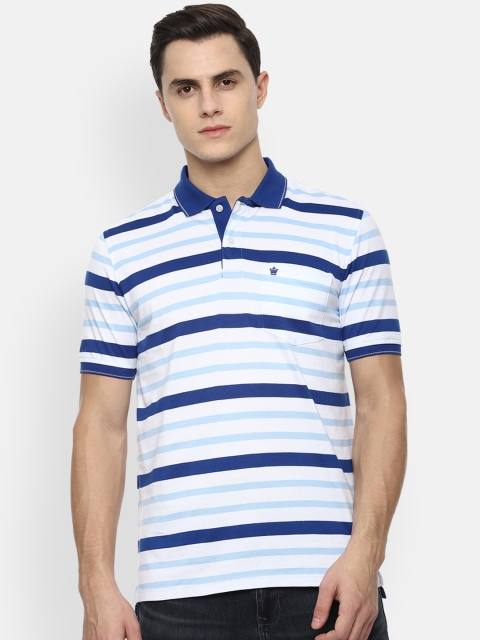 

Louis Philippe Men White Navy Blue Striped Polo Collar Pure Cotton T-shirt