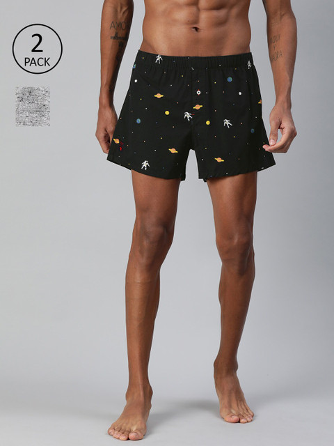 

THE BEAR HOUSE Men Pack of 2 Printed Pure Cotton Boxers TBH-ASTRO, Black