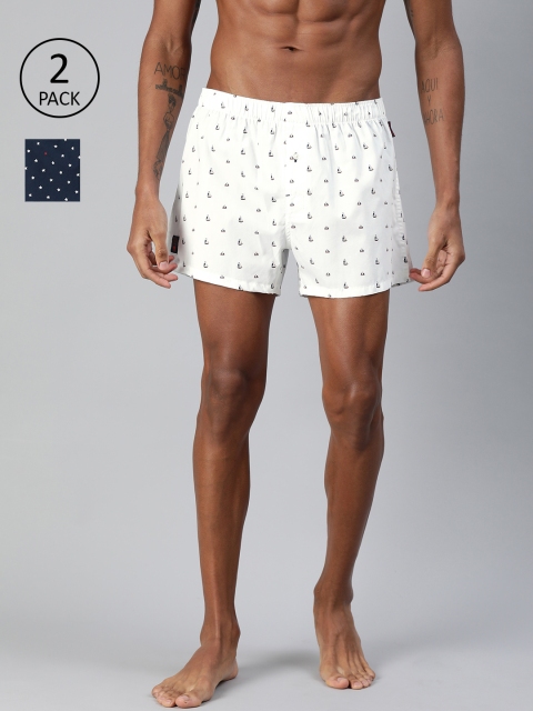 

THE BEAR HOUSE Men Pack of 2 White & Navy Blue Printed Pure Cotton Boxers TBH-CANOP