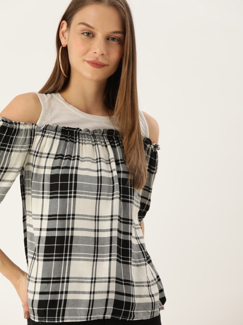 

Lee Cooper Women Off-White & Black Checked Regular Top