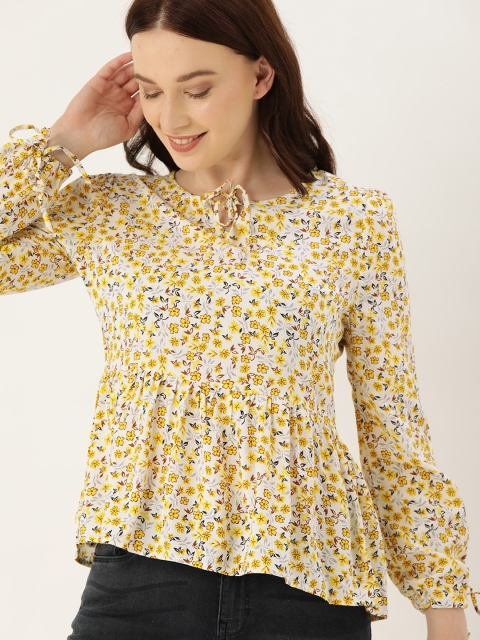 

Lee Cooper Women White & Yellow Floral Printed A-Line Top