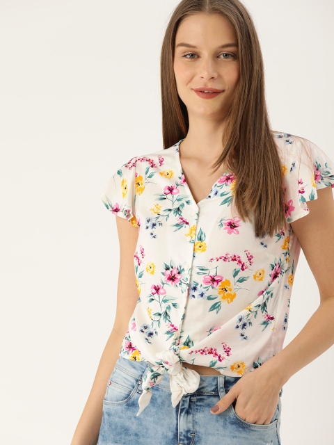 

Lee Cooper Women White & Teal Green Floral Printed Cinched Waist Top