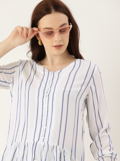 

Lee Cooper Women White & Blue Striped Gathered Regular Top