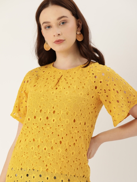 

Lee Cooper Women Mustard Yellow Self Design Lace Top