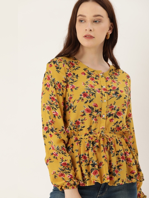 

Lee Cooper Women Mustard Yellow & Red Floral Printed Cinched Waist Top