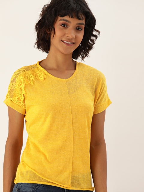 

Lee Cooper Women Yellow Solid Round Neck T-shirt with Lace Detailing