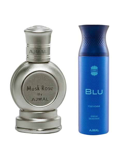 

Ajmal Unisex Set of Musk Rose Attar Perfume 12 ml & Blu Deodorant 200 ml, Silver