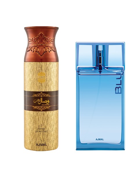 

Ajmal Men Set of BLU EDP Perfume 90 ml & Wisal Dhahab Deodorant 200 ml, Blue