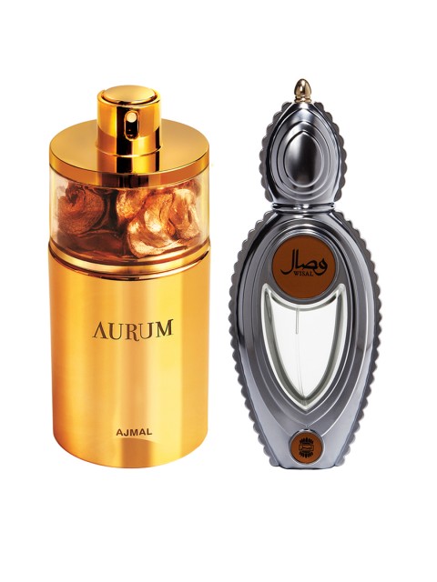 

Ajmal Unisex Set of 2 Aurum EDP 75ml & Wisal EDP 50ml Perfume Scent for Skin, Gold
