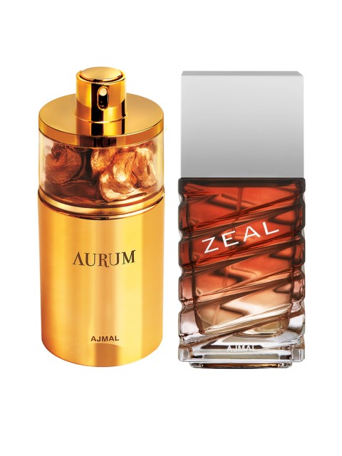 

Ajmal Unisex Set of 2 Aurum EDP 75ML & Zeal EDP 100ML Perfume Scent for skin, Gold