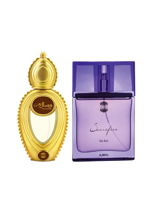 

Ajmal Unisex Set of 2 Wisal Dhahab & Sacrifice for Her EDP Perfume for skin 50ml each, Brown