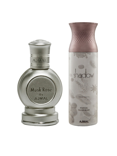 

Ajmal Unisex Set of 2 Musk Rose Attar Concentrated Perfume 12ML & ShadowH Deodarany 200ml, Silver