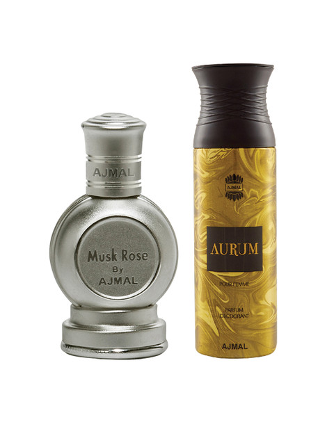 

Ajmal Unisex Set of 2 MuskRose Attar Alcohol Free 12ML & Aurum Deodarant Body Spray 200ml, Silver