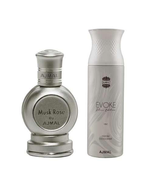 

Ajmal Unisex Set of 2 Muskrose Attar 12ML &Evoke Silver Edition Deodorant Body Spray 200ml