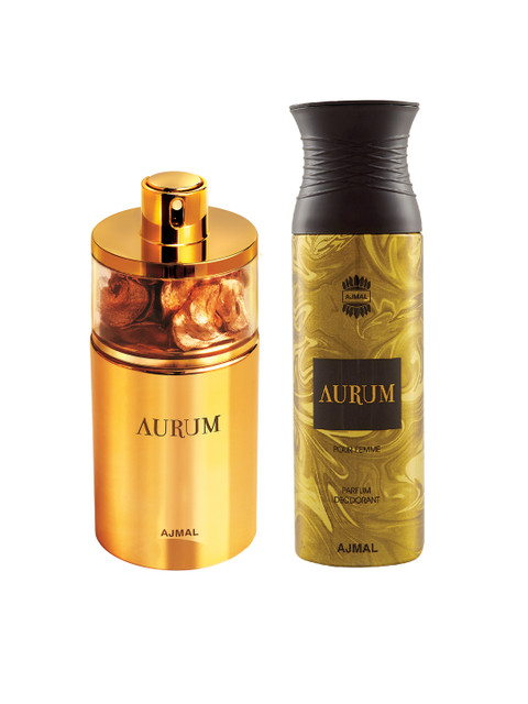 

Ajmal Unisex Set of 2 Aurum EDP Perfume Scent for Skin 75ML & Aurum Deodorant Spray 200ML, Gold