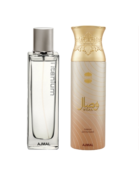 

Ajmal Unisex Set Of 2 Titanium EDP Perfume 100ML & Wisal Deodorant 200ML, Gold