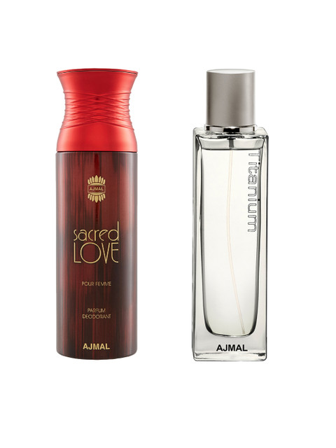 

Ajmal Unisex Set of Titanium EDP Perfume 100 ml & Sacred Love Deodorant 200 ml, Silver