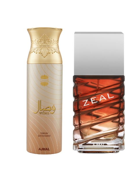 

Ajmal Men Set Of 2 Zeal EDP Perfume Scent for skin 100ML & Wisal Deodorant Spray 200ML, Maroon