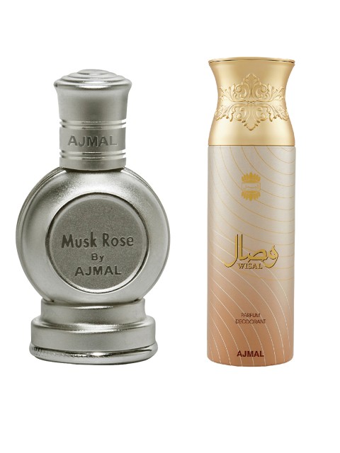

Ajmal Set of Unisex Musk Rose Concentrated Perfume & Women Wisal Perfume Deo (12ml+200ml), Silver