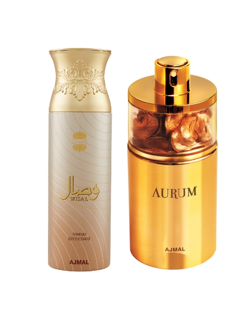 

Ajmal Set of Women Aurum Fruity EDP & Wisal Perfume Deodorant (75ml+200ml), Gold
