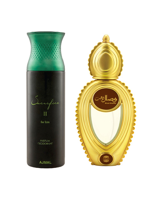 

Ajmal Set of Men Wisal Dhahab EDP & Sacrifice II Perfume Deodorant (50ml+200ml), Brown