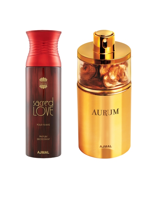 

Ajmal Unisex Set of Women Aurum Fruity EDP 75 ml & Sacred Love Perfume Deodorant 200 ml, Gold