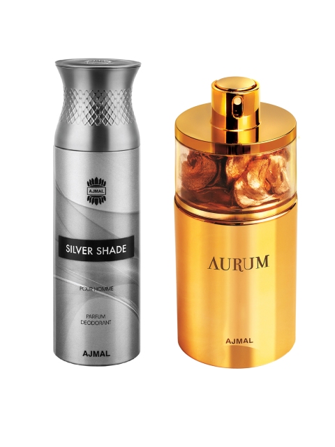 

Ajmal Set of Women Aurum Fruity EDP & Men Silver Shade Parfum Deodorant (75ml+200ml), Gold