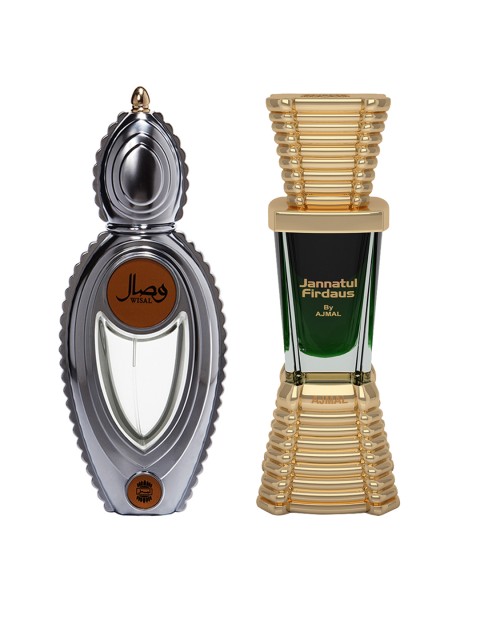

Ajmal Unisex Set of 2 Wisal EDP Perfume 50ml & Jannatul Firdaus Attar 10ml Alcohol Free, Gold