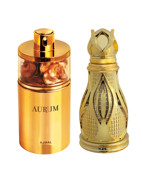 

Ajmal Unisex Set Of 2 Aurum EDP Scent for skin 75ml & Khofooq Attar 18ml, Gold