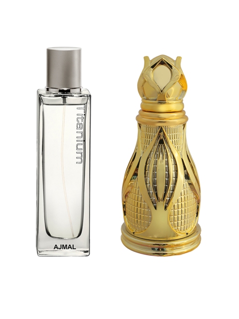 

Ajmal Set Of Titanium Fresh EDP & Khofooq Concentrated Floral Perfume, Gold