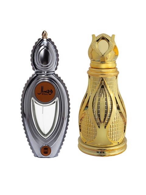 

Ajmal Unisex Set 2 Wisal EDP Perfume Scent for Skin 50ml & Khofooq Alcohol Free Attar 18ml, Gold