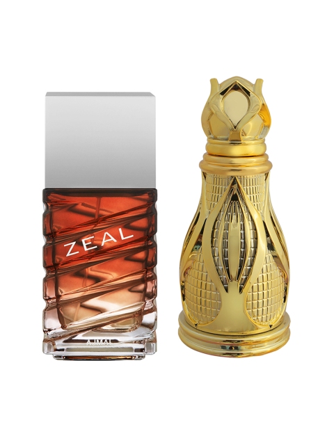 

Ajmal Unisex Set of Zeal EDP Spicy 100 ml & Khofooq Floral Attar Perfume 18 ml, Gold