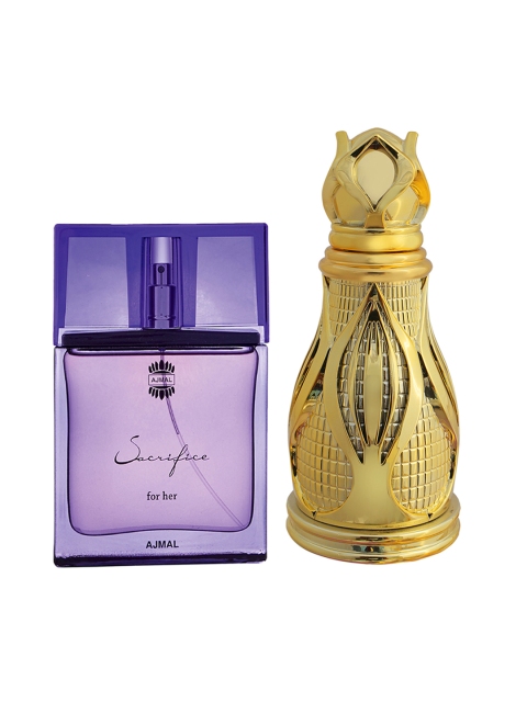 

Ajmal Unisex Set 2 Sacrifice for Her EDP Perfume Scent for Skin 50ml & Khofooq Attar 18ml, Purple