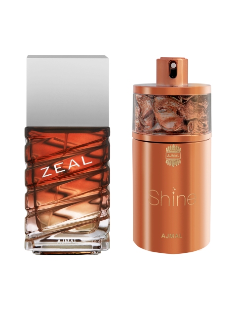 

Ajmal Unisex Set of 2 Shine EDP 75ML & Zeal EDP 100ML Perfume Scent for skin, Brown