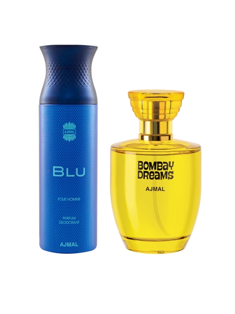 

Ajmal Men Set Of 2 BombayDreams EDP Perfume for skin 100ML & Blu Deodorant Spray 200ML, Yellow