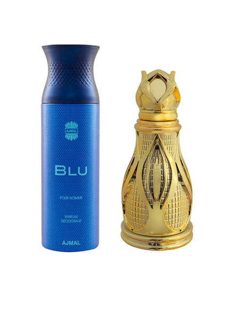 

Ajmal Set Of BLU Perfume Deodorant & Khofooq Concentrated Floral Perfume, Gold