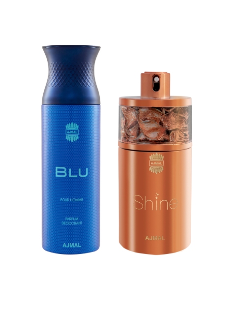 

Ajmal Unisex Set of 2 Shine EDP Perfume for Skin 75ML & Blu Deodorant body spray 200ML, Brown