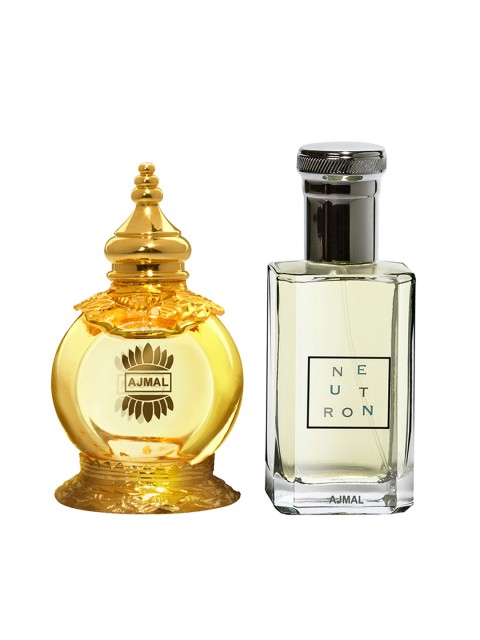 

Ajmal Unisex Set of 2 Neutron EDP Perfume for Skin 100ml & Mukhallat Al Wafa Attar 12 ml, Black