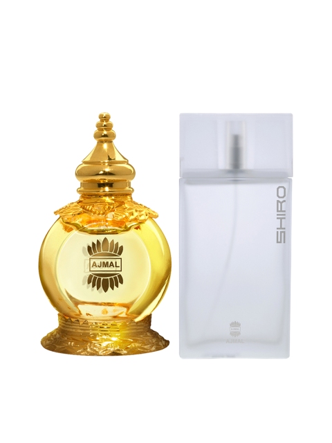 

Ajmal Unisex Set of 2 Shiro EDP Perfume for skin 90ml & Mukhallat Al Wafa CP 12ml Attar, White