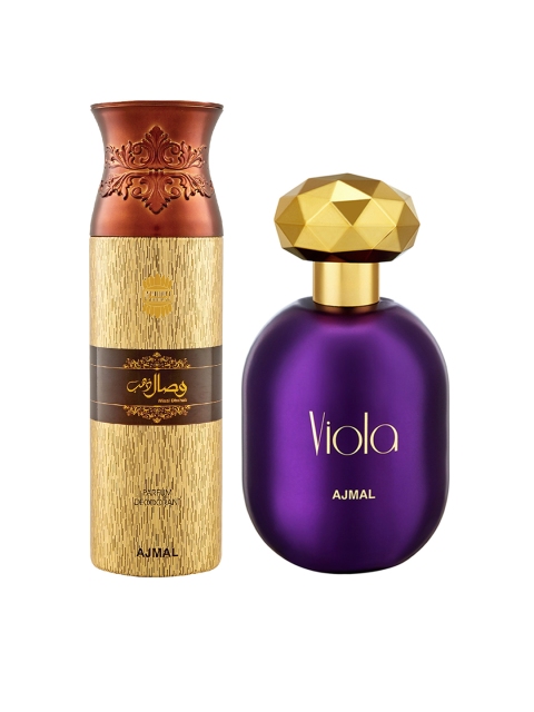 

Ajmal Unisex Set of Viola EDP 75 ml & Wisal Dahab Perfume Deodorant 200 ml, Purple