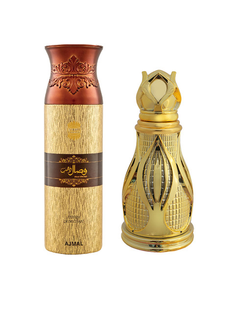 

Ajmal Set of Men Wisal Dahab Deodorant 200 ml & Unisex Khofooq Attar Perfume 18 ml, Gold