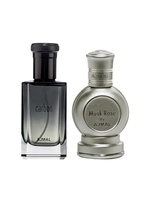 

Ajmal Unisex Set of 2 Carbon EDP Perfume Scent for Skin 100ml & Musk Rose Attar 12 ml, Black
