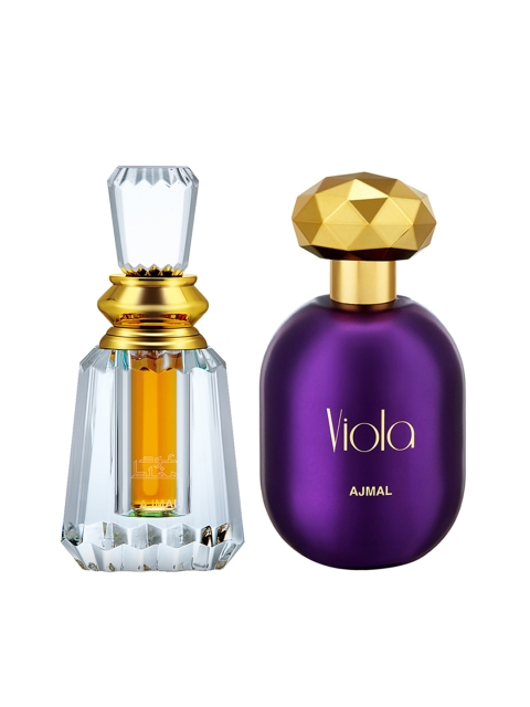 

Ajmal Unisex Set of 2 Viola EDP Perfume Scent for skin 75ml & OudhMukhallat CP 6ml Attar, Gold
