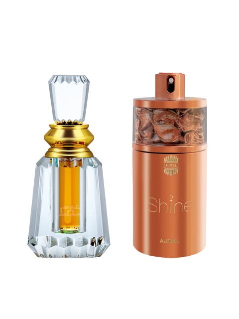 

Ajmal Unisex Set of 2 Shine EDP Perfume 75ml & Oudh Mukhallat CP 6ml Alcohol Free Attar, Gold
