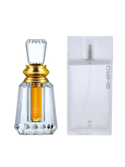 

Ajmal Unisex Pack of 2 Shiro EDP Perfume Scent for skin 90ML & Oudh Mukhallat Attar 6ML, White