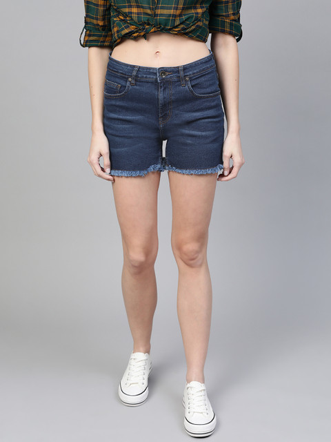 

Roadster Women Navy Blue Washed Regular Fit Denim Shorts
